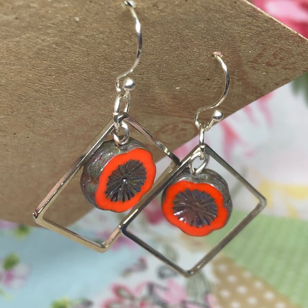 Orange red glass diamond earrings