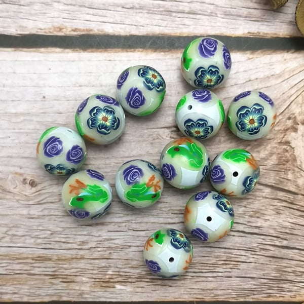 12 Polymer Clay Frog and Flower Millefiori Beads - Light Blue