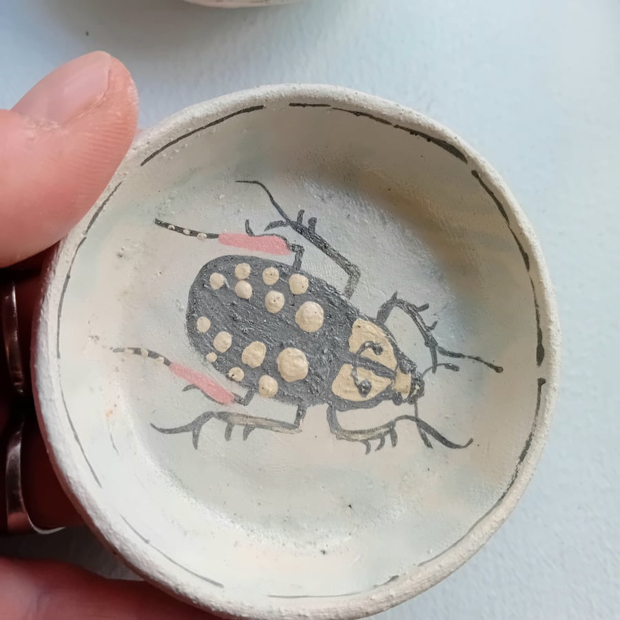 Ceramic trinket dish handpainted rustic earthenware pottery- beetle