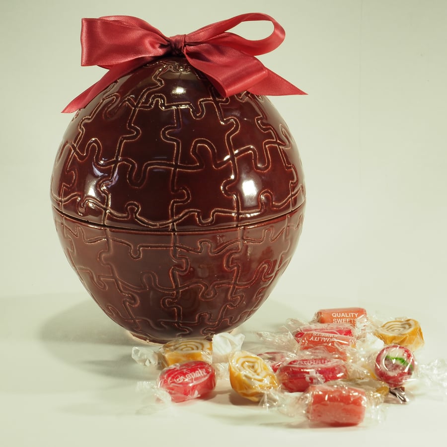 REDUCED Red jigsaw Ceramic Easter Egg with ribbon