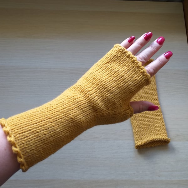 Knitted Fingerless Gloves, Alpaca & Wool Mix Yarn, Harvest Gold Wrist Warmers