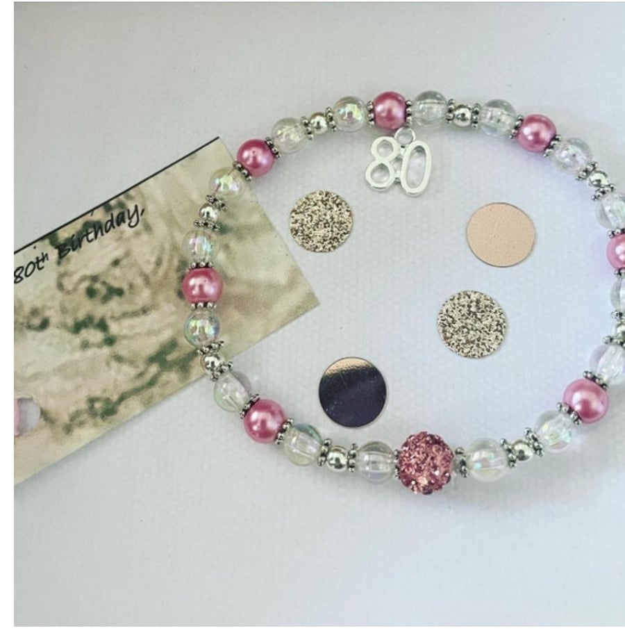 80th milestone shamballa pink ab crystal age charm bracelet birthday gift