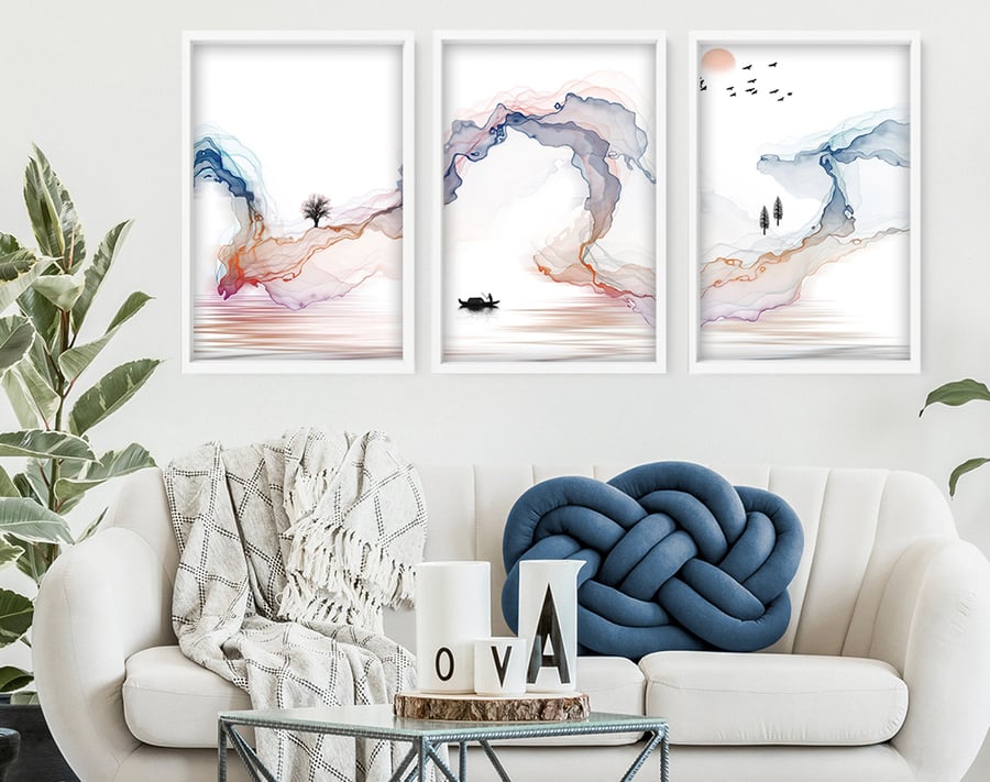 Above Bed Art, Set of 3 Calming Watercolour Art, Zen Wall Art, Office Decor, Min