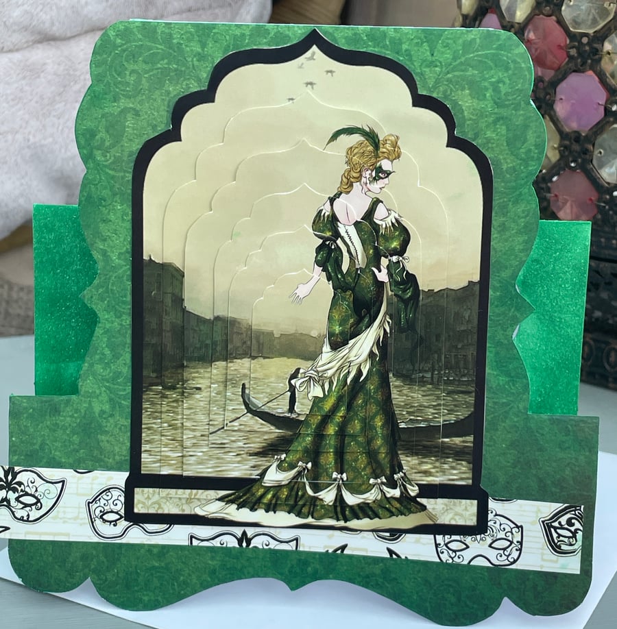 Elegant Venetian masked lady fancy fold birthday card