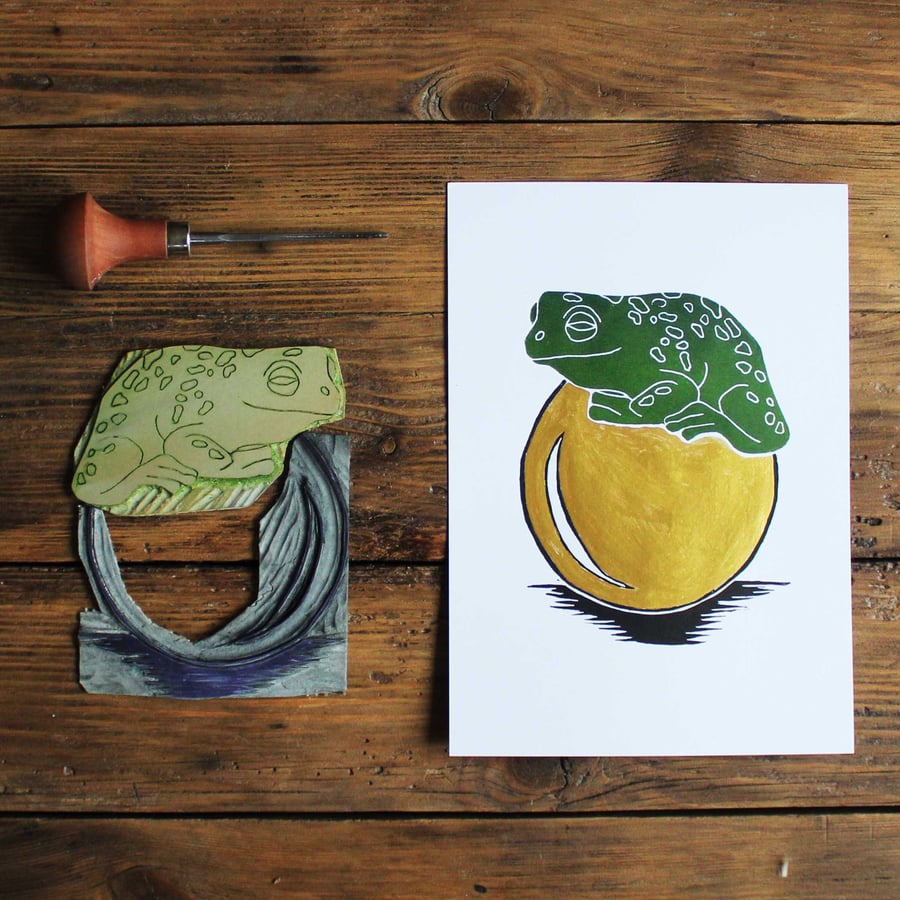 The frog prince and the golden ball A5 Lino print