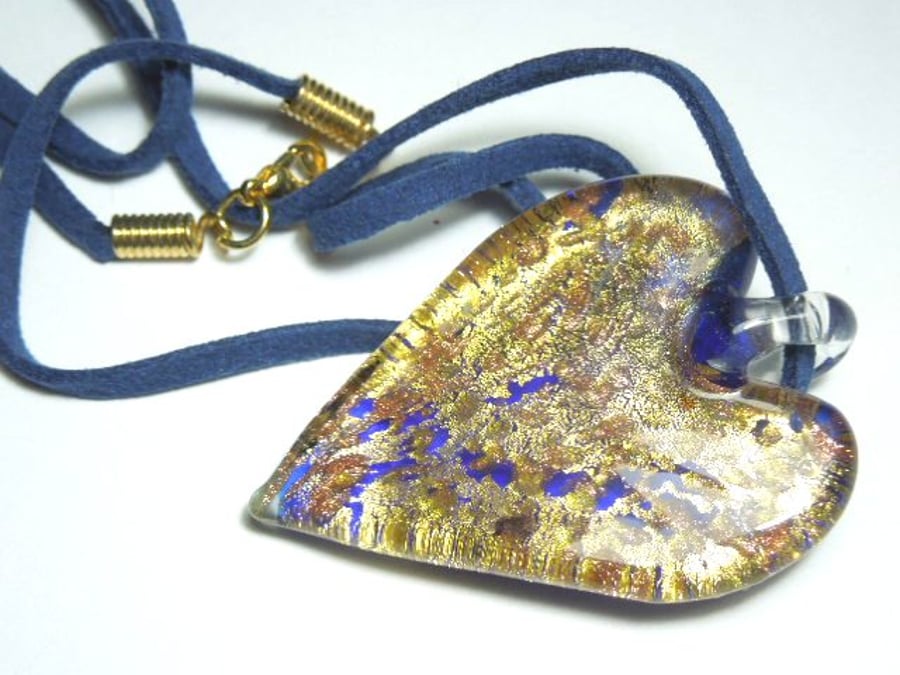 Blue and gold Murano glass large heart pendant.