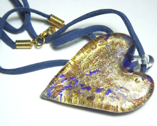 Blue and gold Murano glass large heart pendant.