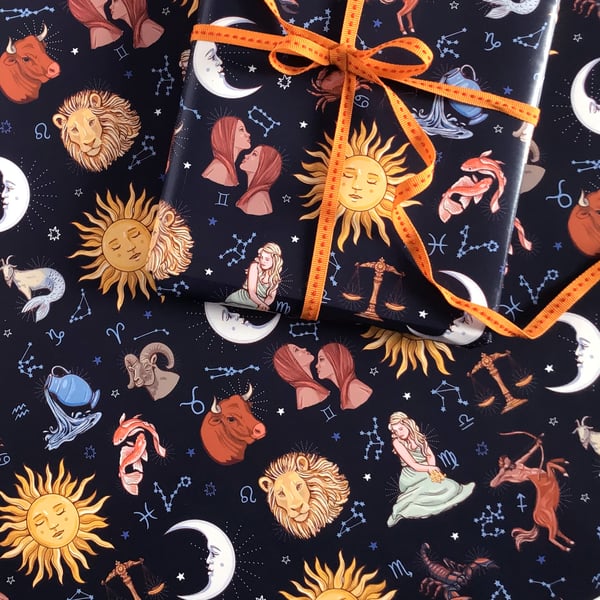 Signs of the Zodiac Gift Wrap with Tag, Celestial Wrapping Paper