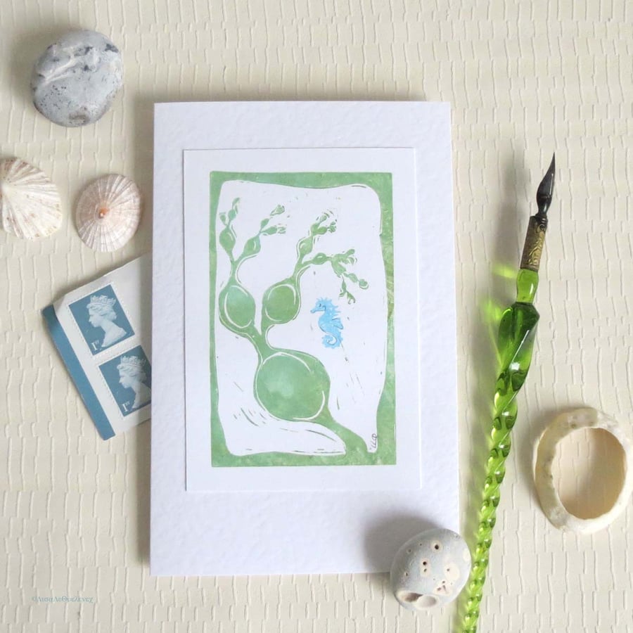 Seahorse in the seaweed lino print handmade art card original print