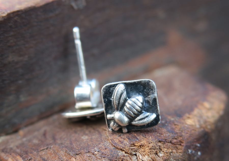 Bee Stud Earrings in Sterling Silver, Rectangle Stud Earrings, Geometric Studs