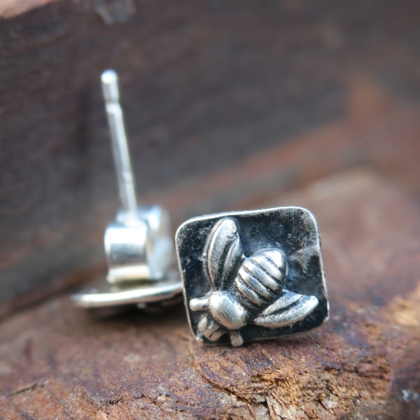 Bee Stud Earrings in Sterling Silver, Rectangle Stud Earrings, Geometric Studs