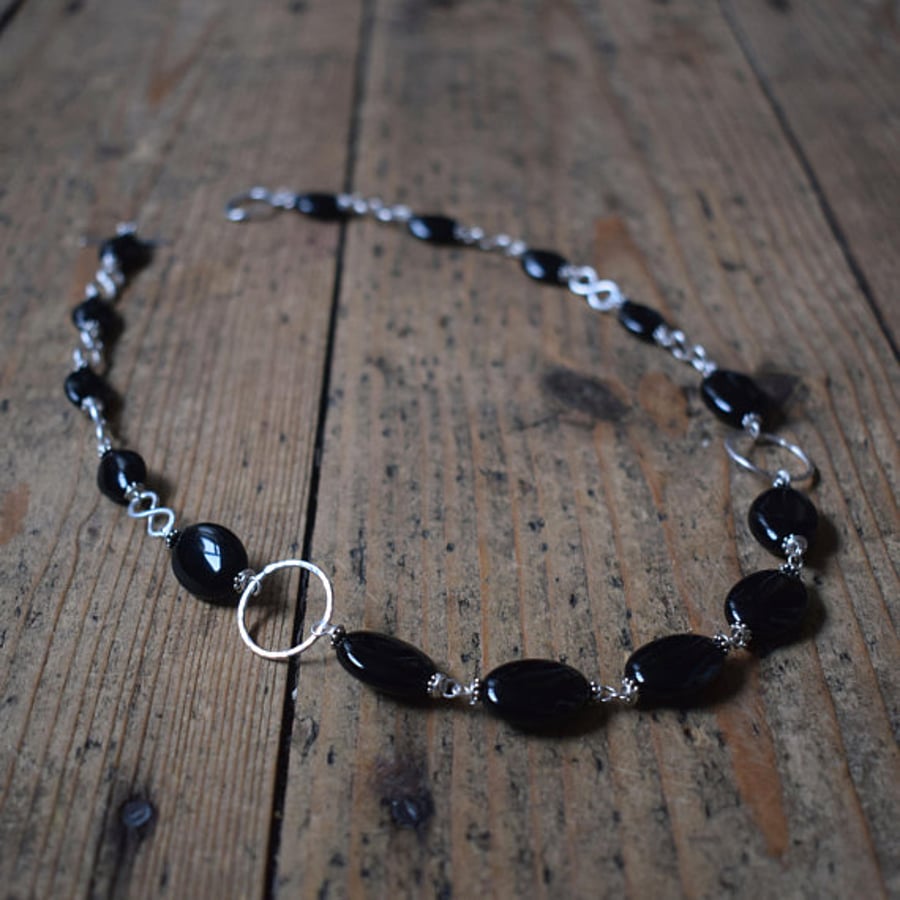 Black Agate Stone and Sterling Silver Chunky Beaded Necklace