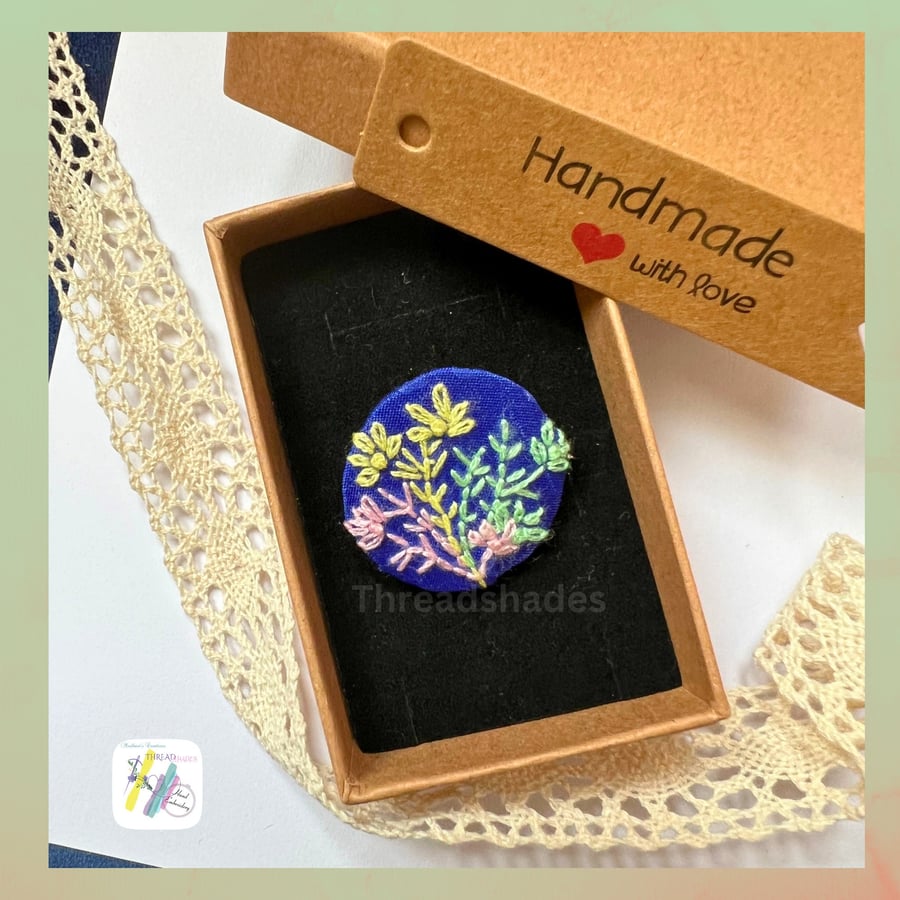 Beautiful embroidery brooch, pastel colour embroidery, blue brooch, pin brooch, 