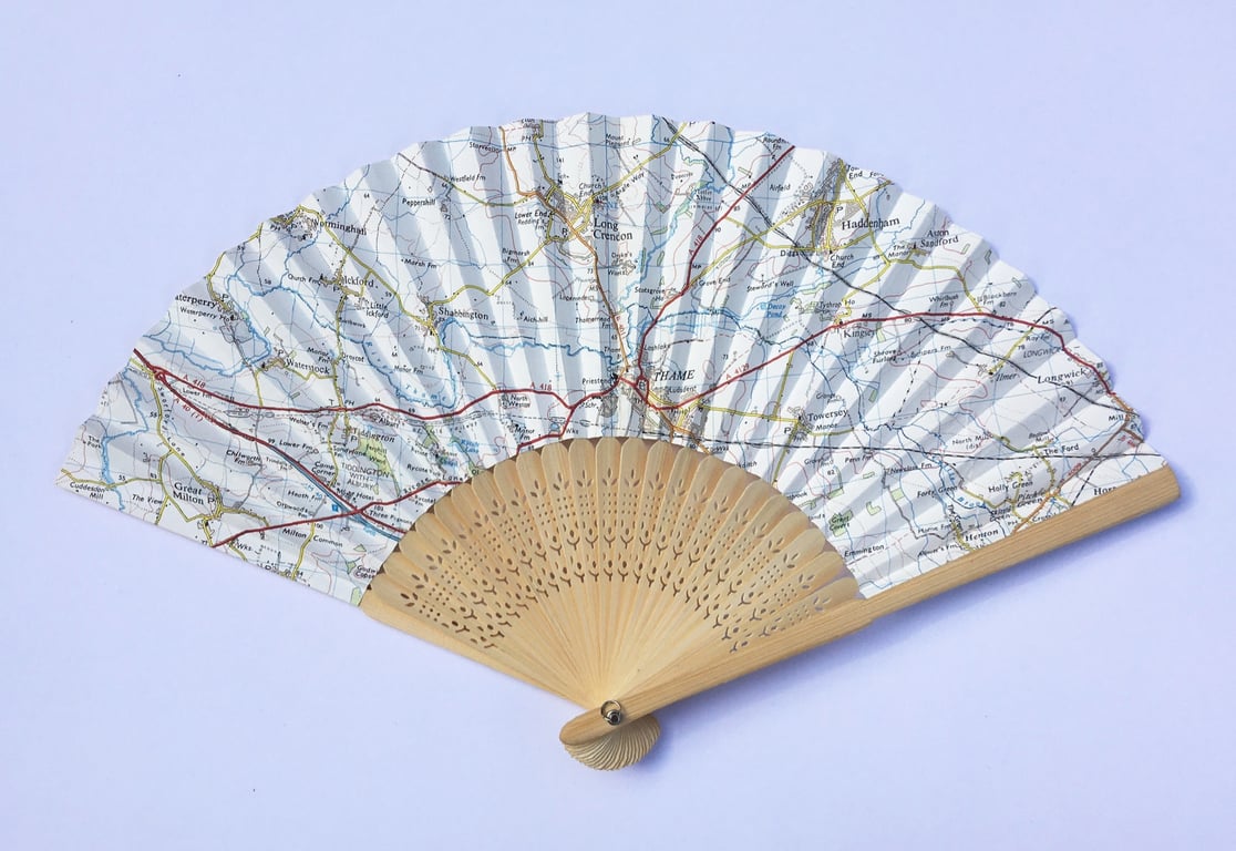 Unique handmade Fan, created using recycled map paper 