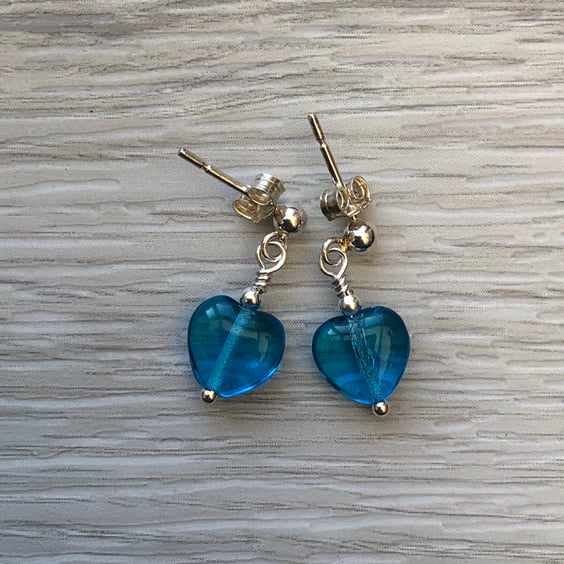 Blue heart glass drop post earrings. Sterling silver 