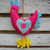 Hanging Chicken/Hen Decoration ~ Hot pink with Blue spotty Heart.