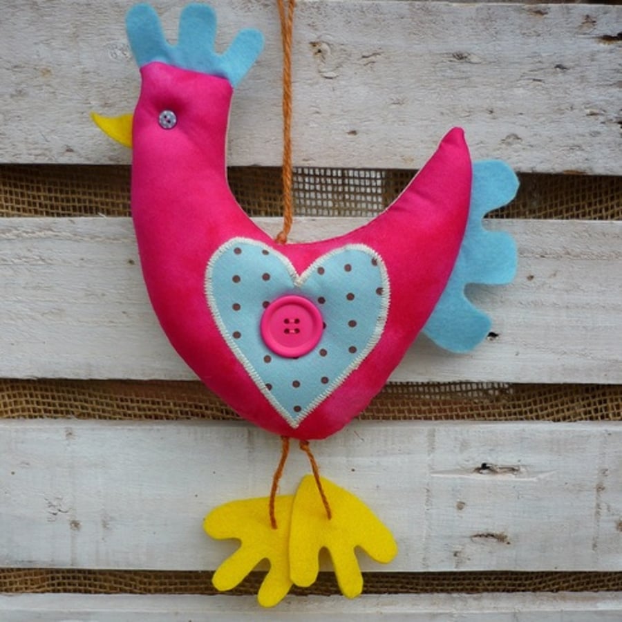 Hanging Chicken/Hen Decoration ~ Hot pink with Blue spotty Heart.
