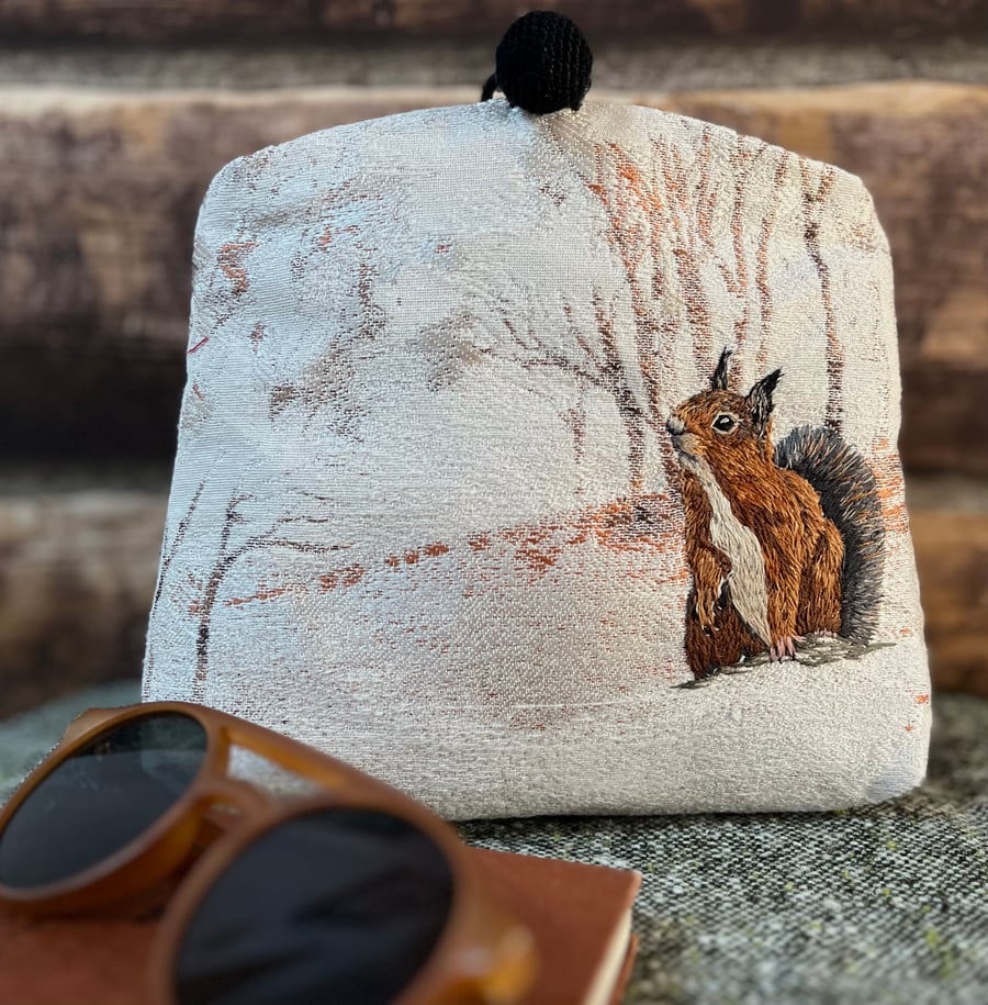 clutch bag with hand embroidered red squirrel