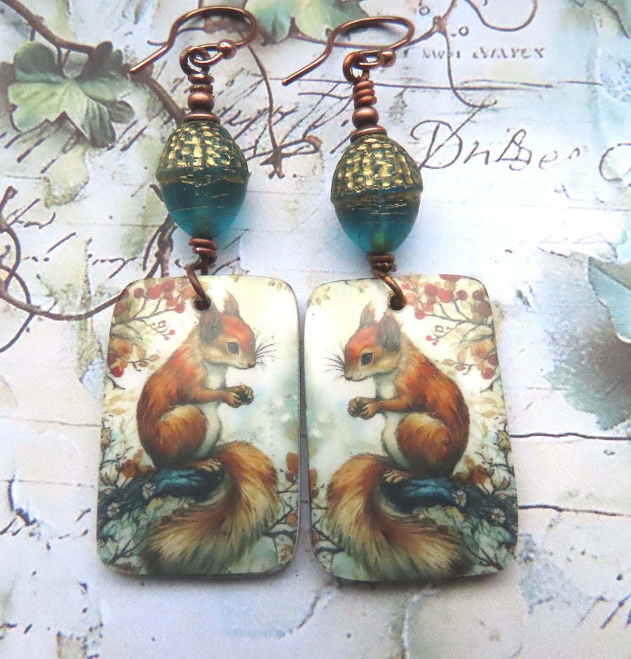 Artisan Red Squirrel Dangle Earrings with Czech Glass Acorn Beads
