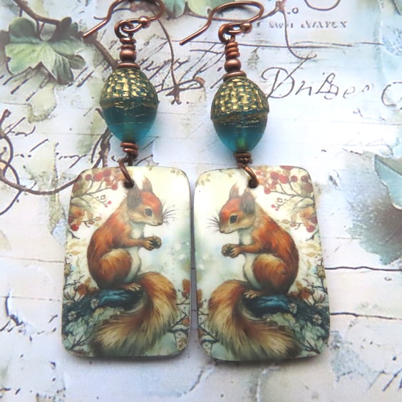 Artisan Red Squirrel Dangle Earrings with Czech Glass Acorn Beads