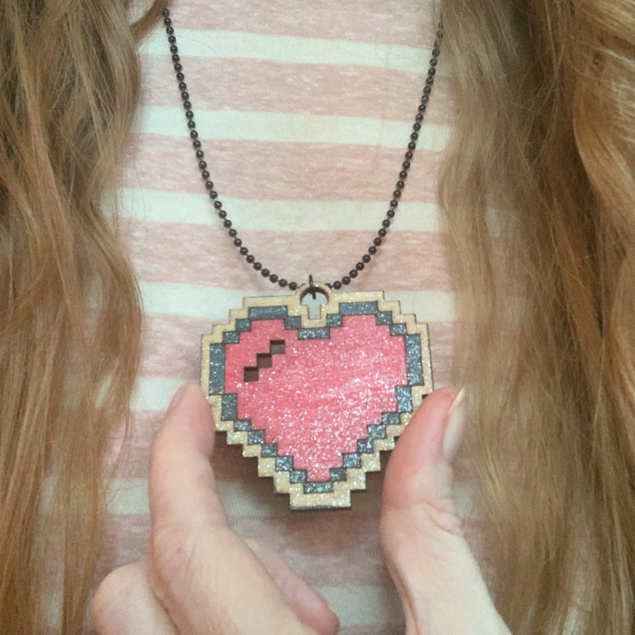 Pixel Heart pendant, 8-bit heart hand painted wooden pendant