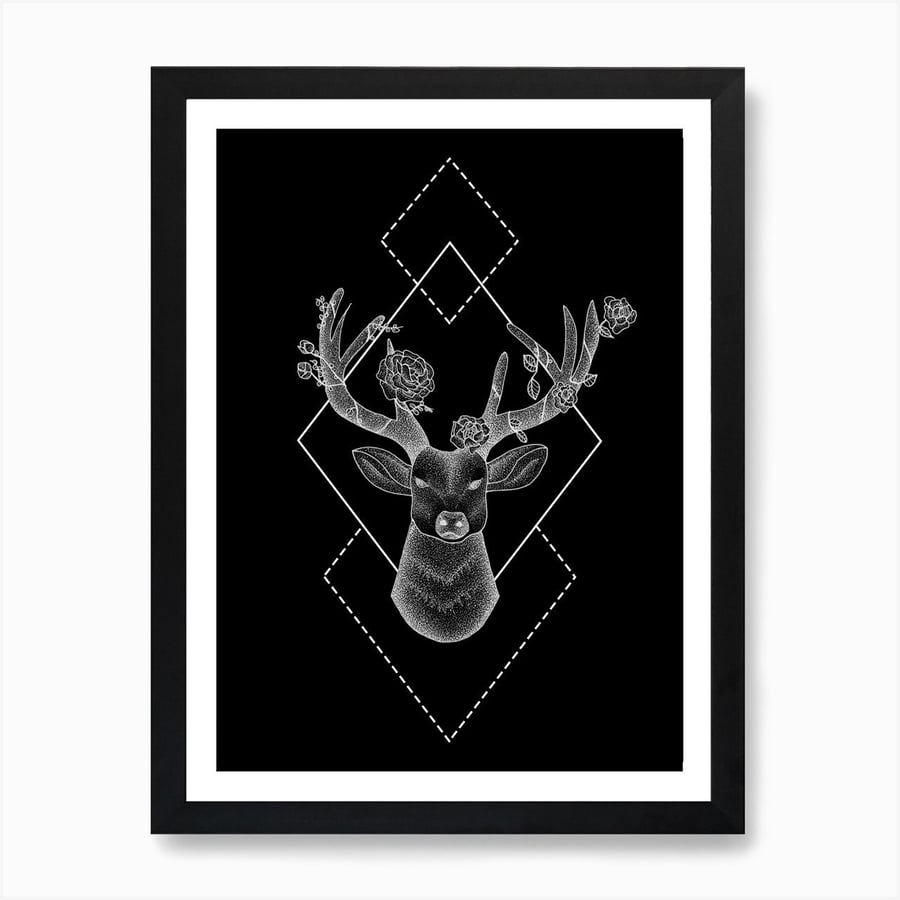 A3 Geometric Stag Art Print - A3 Dotwork Diamond, Floral Masculine Illustration,