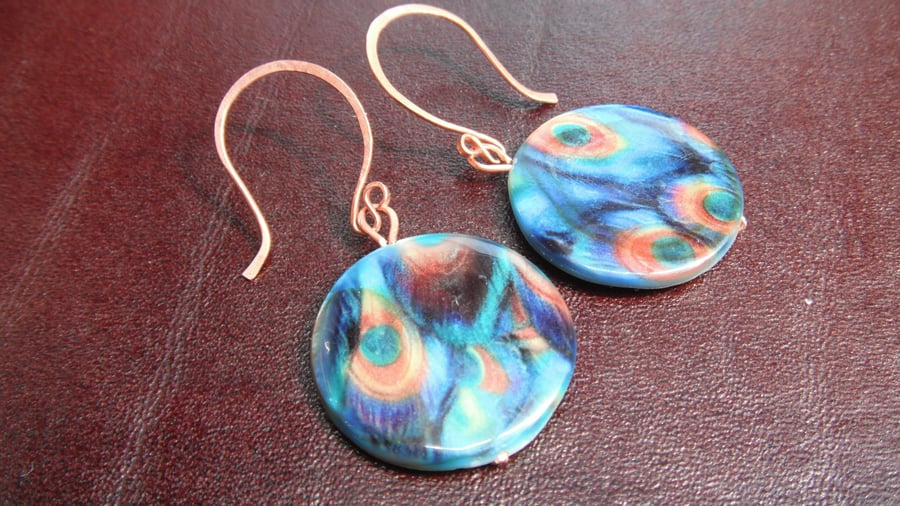 Peacock Paua Shell Copper Earrings