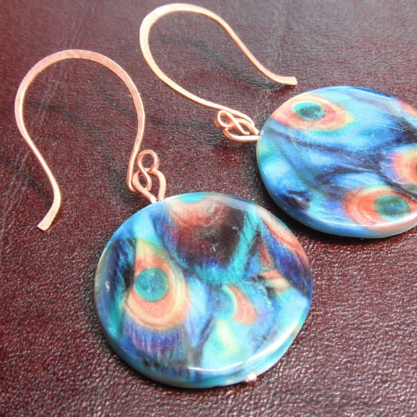 Peacock Paua Shell Copper Earrings