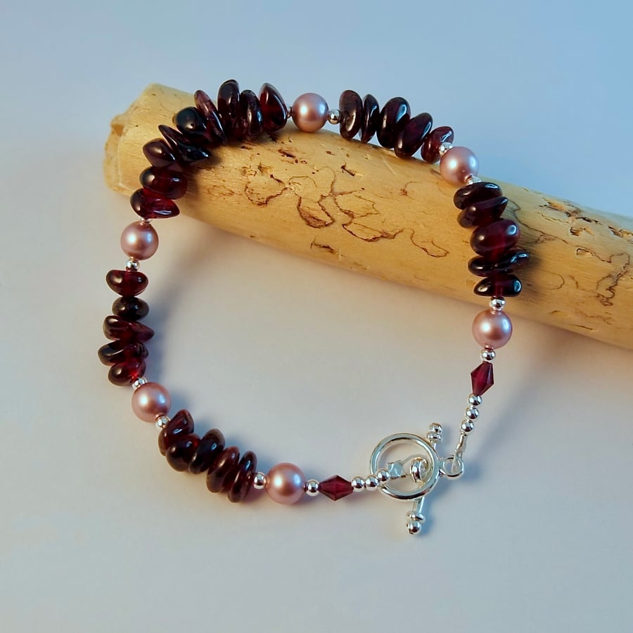 Garnet, Pearl & Silver Bracelet, Birthday, Anniversary, Mother's Day Gift