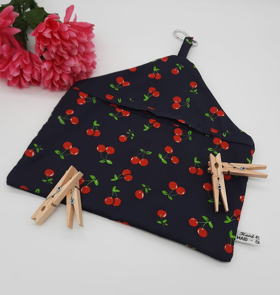 Peg bag, small,  sale, navy cherry cotton, free uk delivery