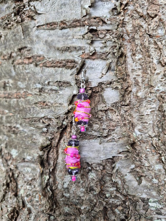 Wire and Bead Wrapped Dangle Earrings 