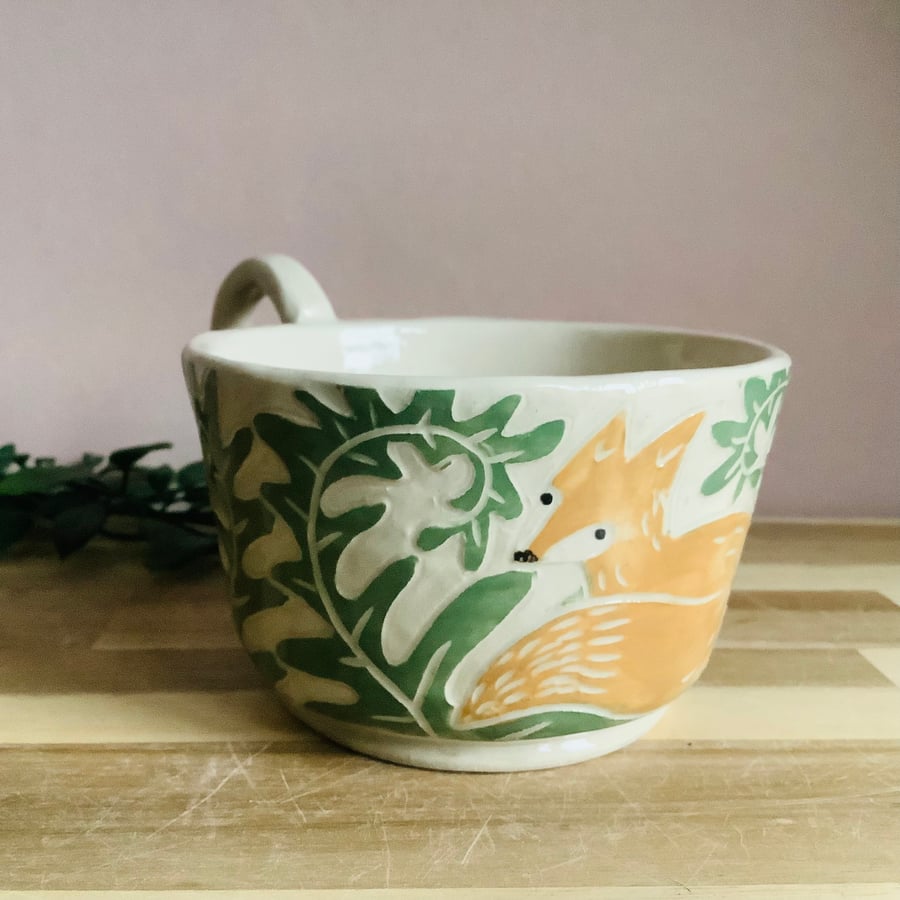 Handmade stoneware sgraffito green fern leaf mug tea coffee cup 