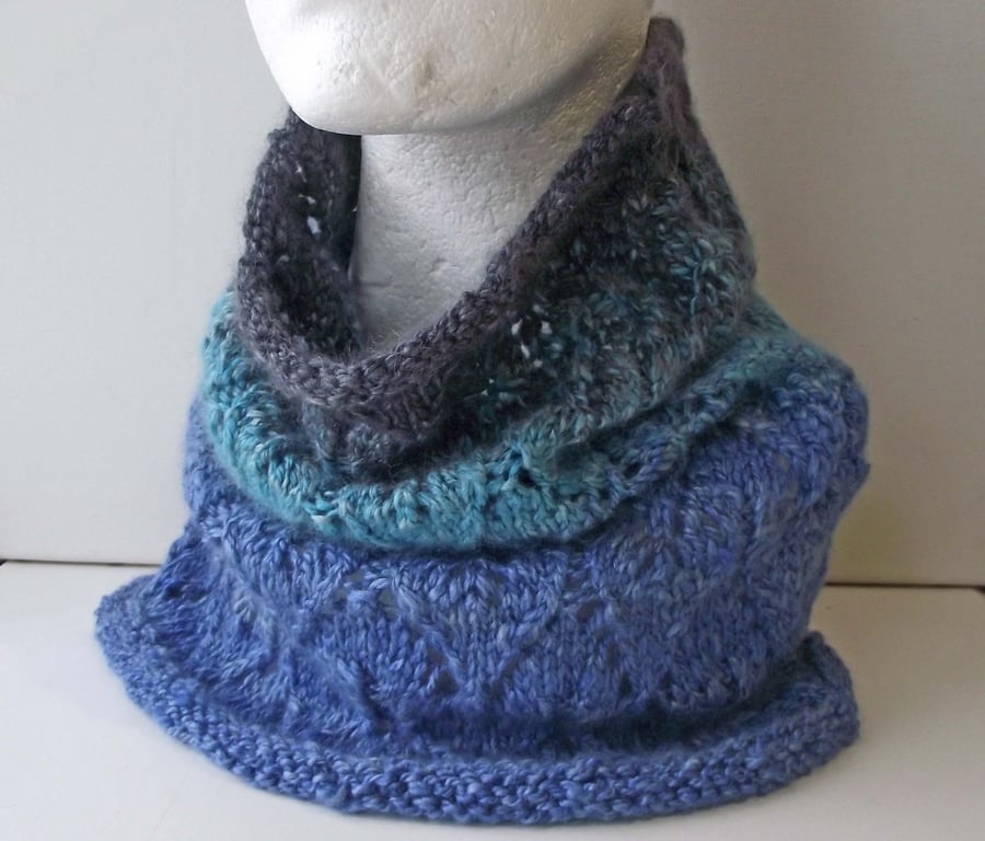 Lacy Cowl, Scarf, Neck Warmer, Soft Merino, Silk, Handspun, Knitted, Grey, Blue