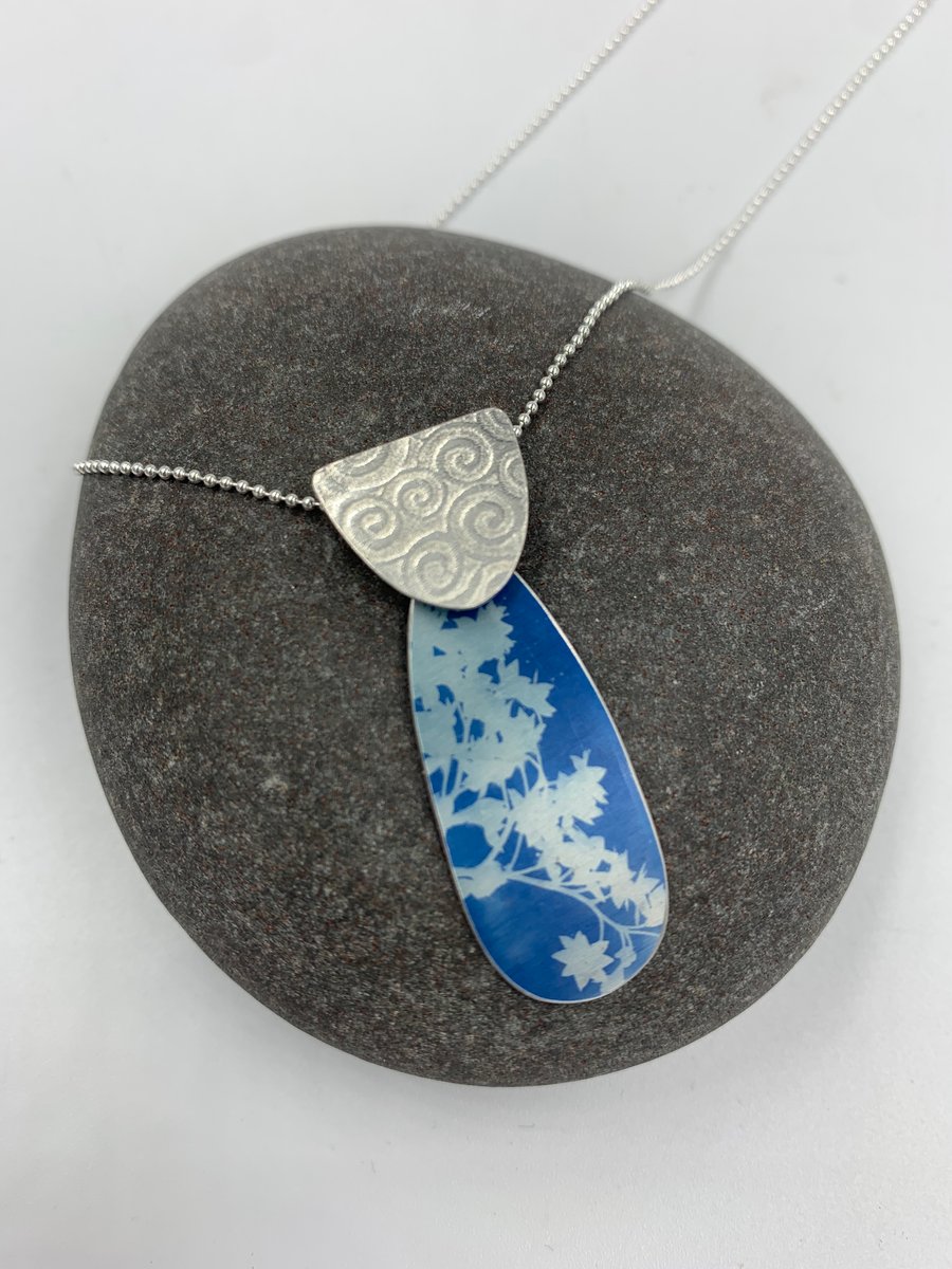 Blue cyanotype aluminium and silver flower pendant 