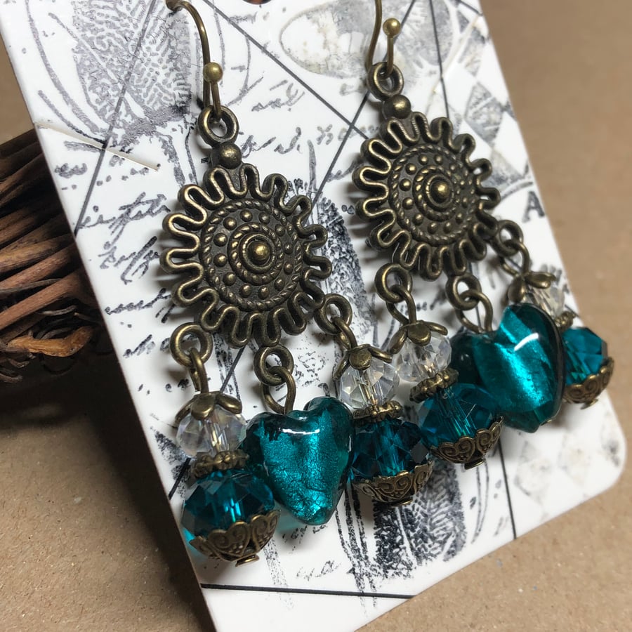 Teal Murano glass and crystal chandelier earrings