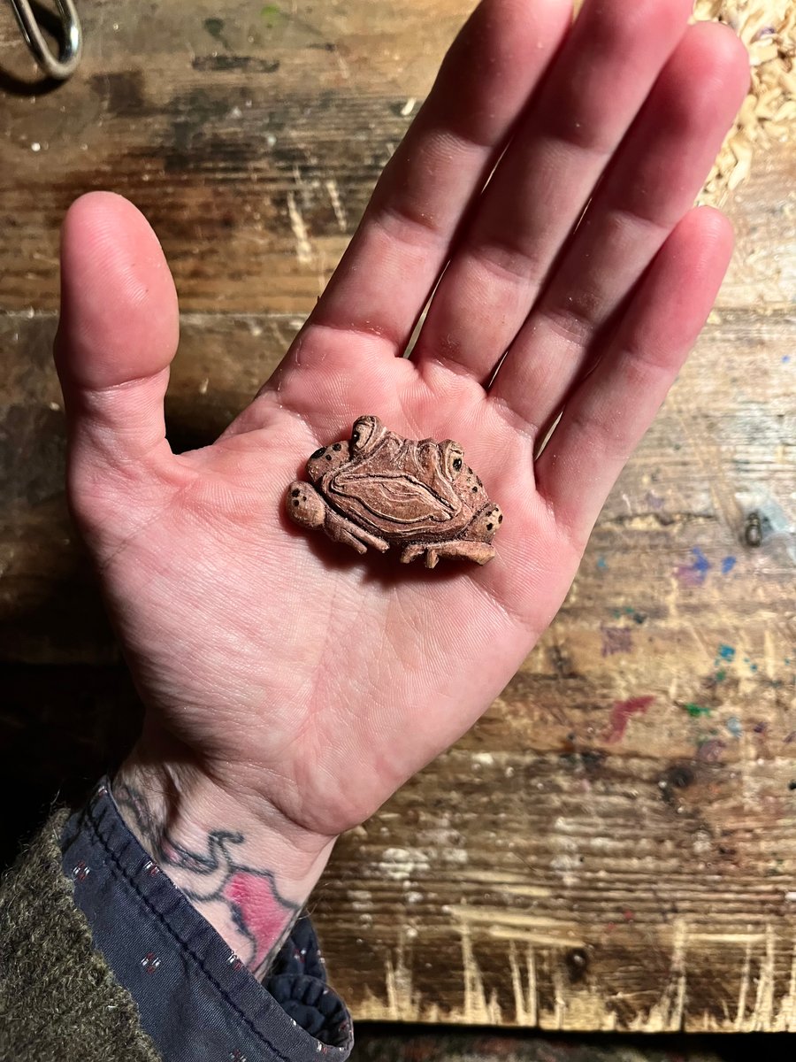Hand Carved Grumpy Toad Brooch Pin 