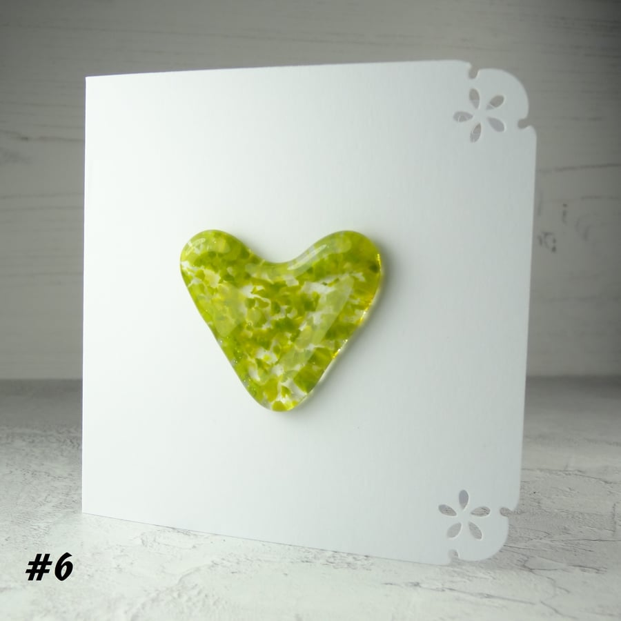 Handcrafted green speckled heart fused glass blank card (6)