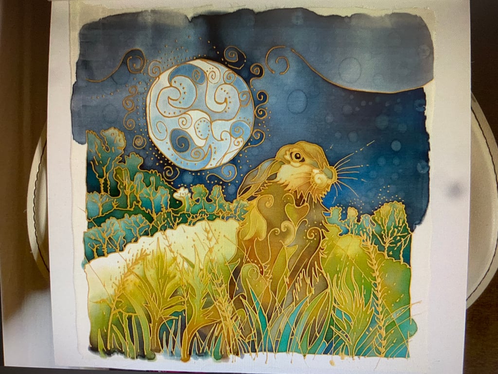 A painting of a Mystic Moon Hare. Original Hand Painted On Silk.Lammas Moon Hare