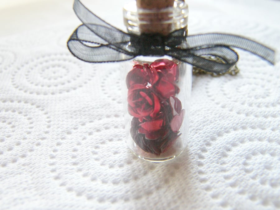 Jar of Red Roses Glass Vial Bottle Necklace - ROSES ARE RED