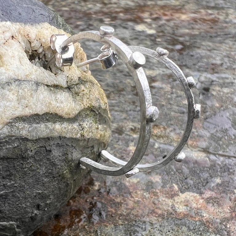 Large Textured Silver Hoop Stud Earrings