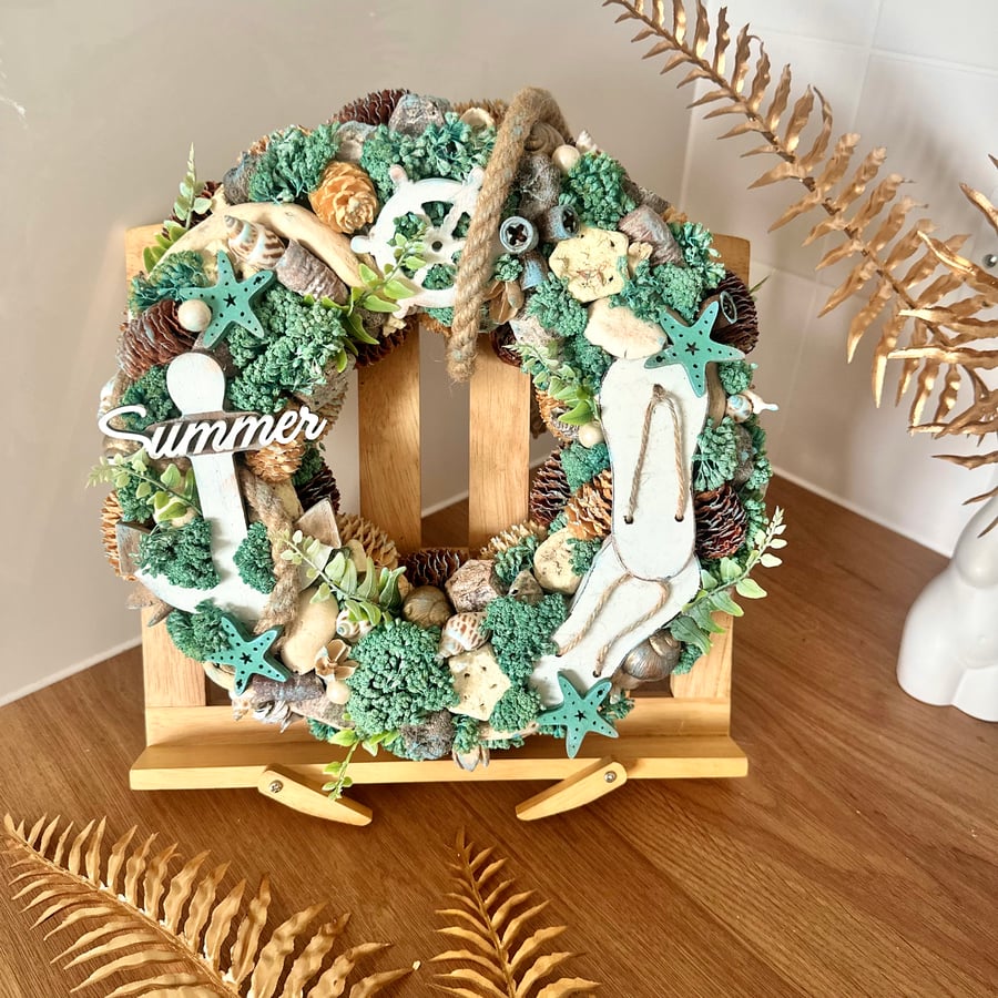 Coastal home floral wreath Summer beach house hanging decor nautical style