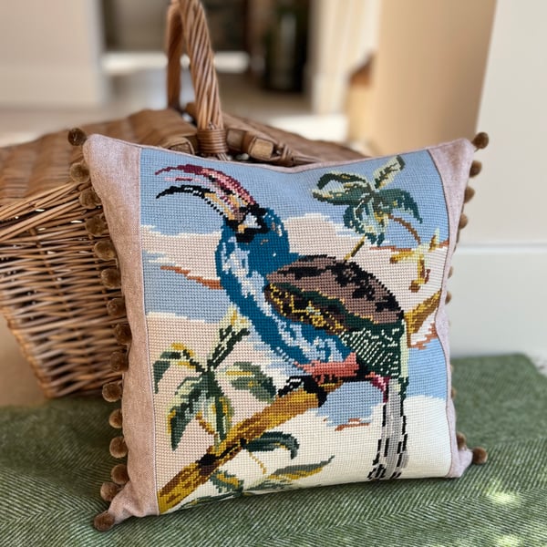 Hornbill tapestry cushion with dusky pink linen and pompoms