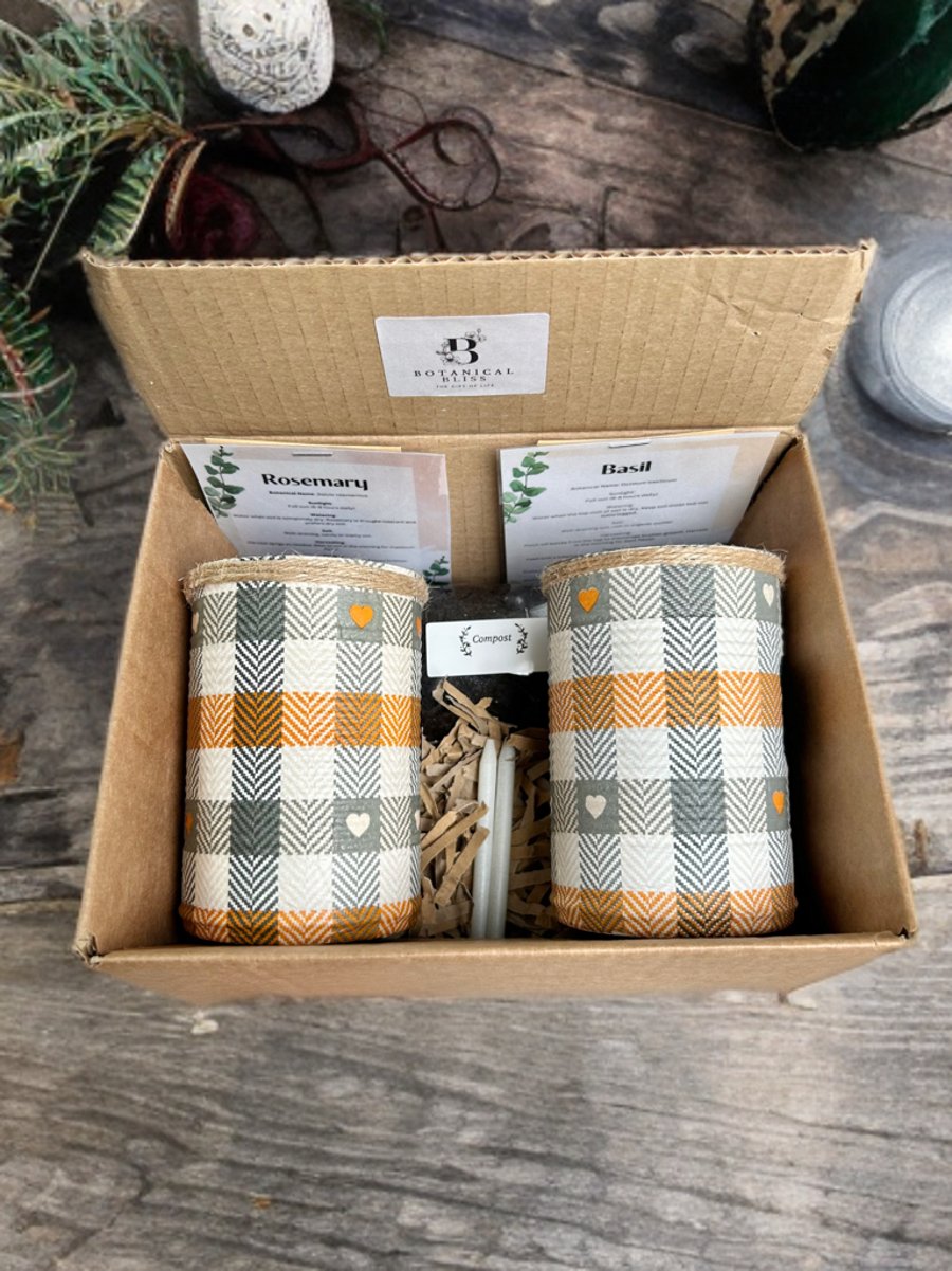 Boho Rustic Plaid Handmade Recycled Eco-Friendly Indoor Kitchen Herb Gift Set