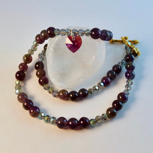 Sage Amethyst Necklace With Faceted Glass & Swarovski Heart - Handmade In Devon