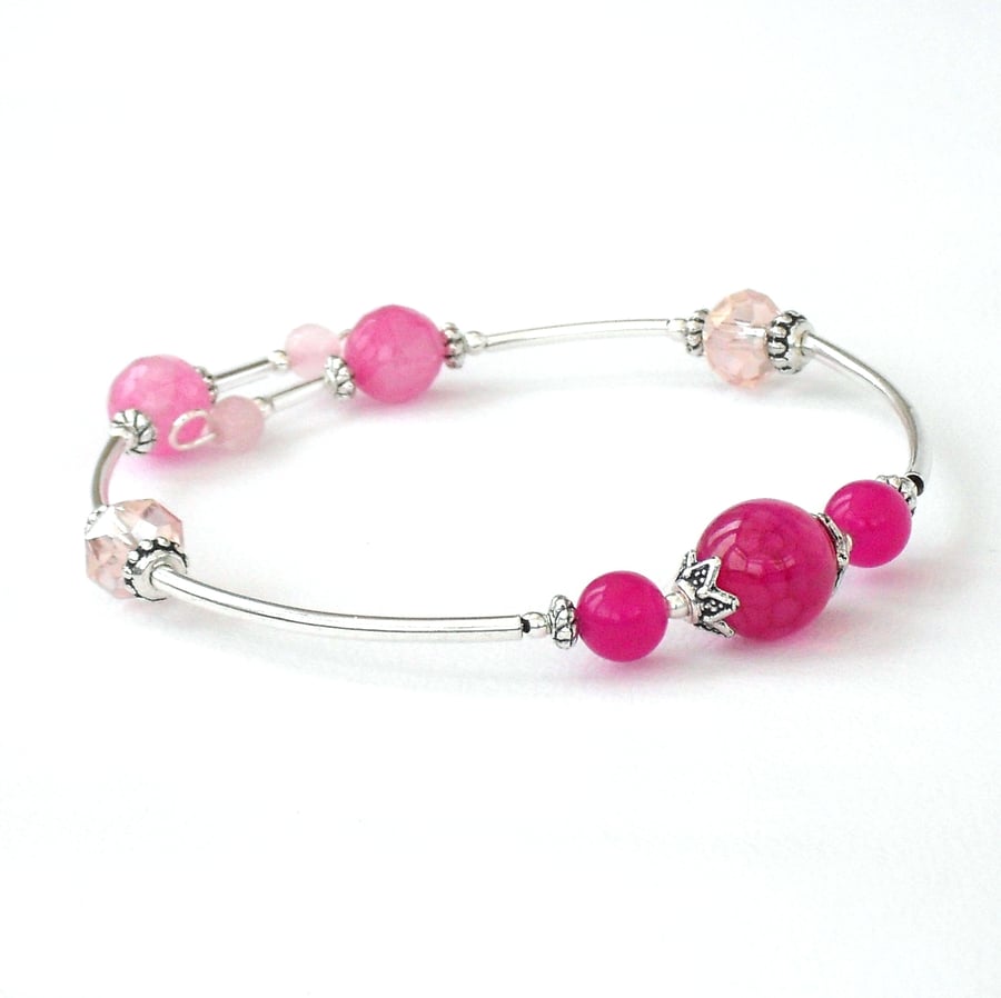 Pink gemstone and crystal bangle bracelet 