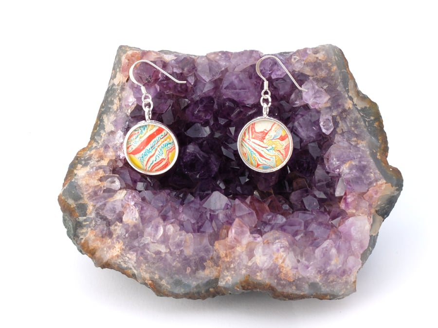 Lovely marbled paper glass cabochon earrings valentine's, anniversary gift