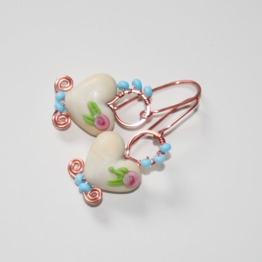 Lampwork glass heart and copper hoop earrings
