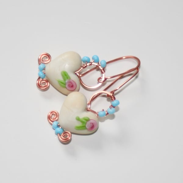 Lampwork glass heart and copper hoop earrings