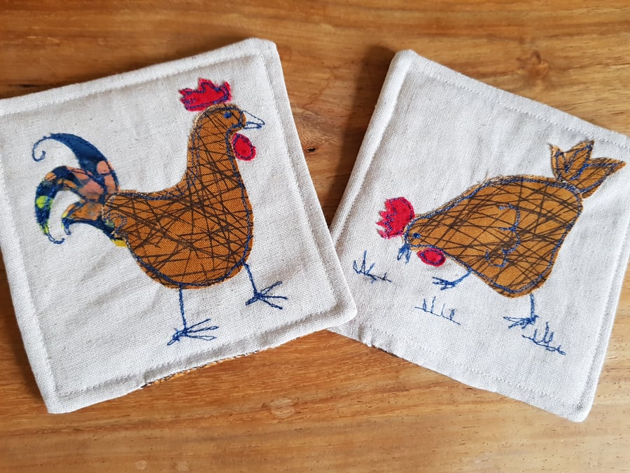 Brown rooster and hen coasters 