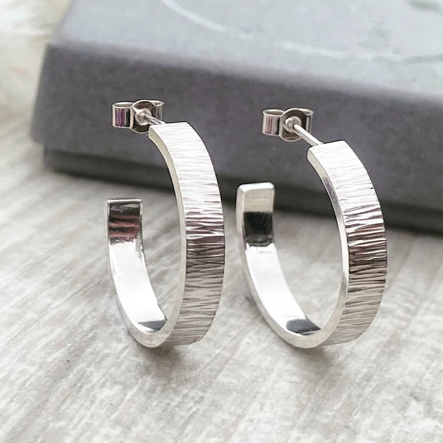 Sterling Silver Hammered Textured Half Hoop Earrings 
